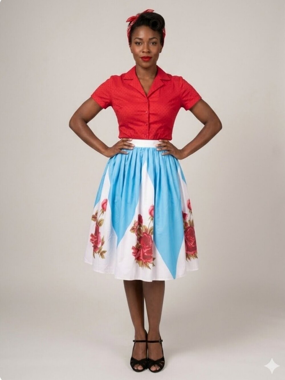 Pinup Couture Jenny Skirt In Blue White Diamond Rose Print, BNWT, Size L